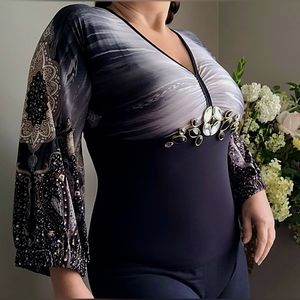 Lafoli Elegant Women's Embellished Jewelry Top Blouse Balloon Sleeves Medium 8